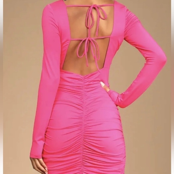 Lulu’s Hot Pink Long Sleeve Ruched Open Back Mini Dress - Picture 16 of 16